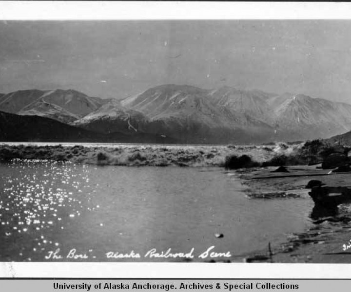 The Bore Tide of Turnagain Arm Circa 1930s-1950s. Photo courtesy of the Marie Silverman papers, Archives and Special Collections, Consortium Library, University of Alaska Anchorage. (HMC-0778:)