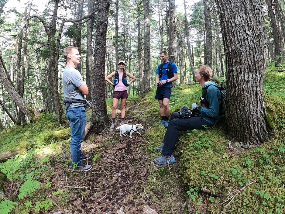Lars, Max, Denali, and Eric Strabel (Denali's husband) take a quick break along the Primrose Trail, a segment of the INHT.
