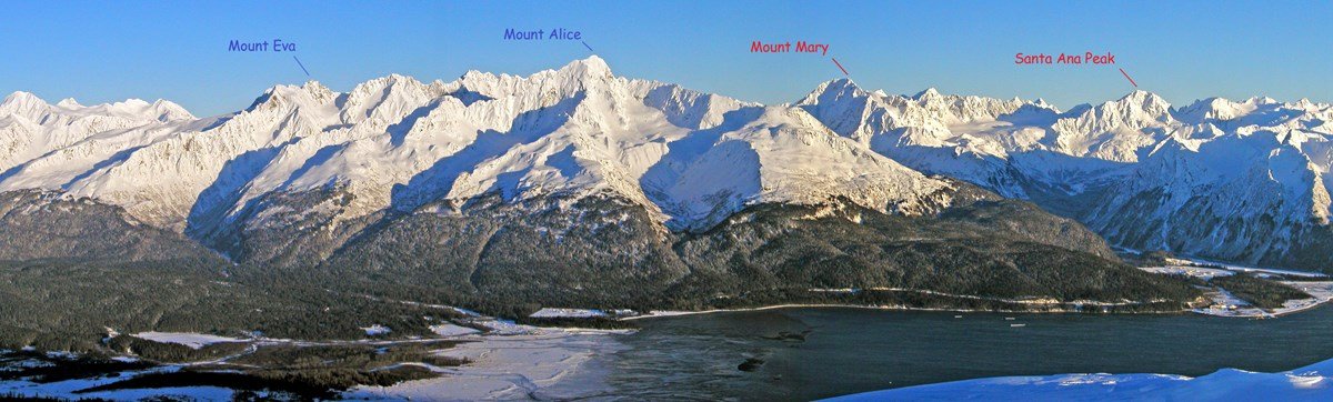 Mounts Eva, Alice and the newly christened Mount Mary tower above Resurrection Bay, just east of Seward, Alaska. Photo courtesy Harold Faust.