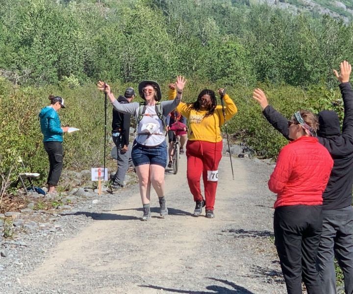 Tina Pierce and Tamyko White celebrate their Spencer Glacier 5M Dash race!