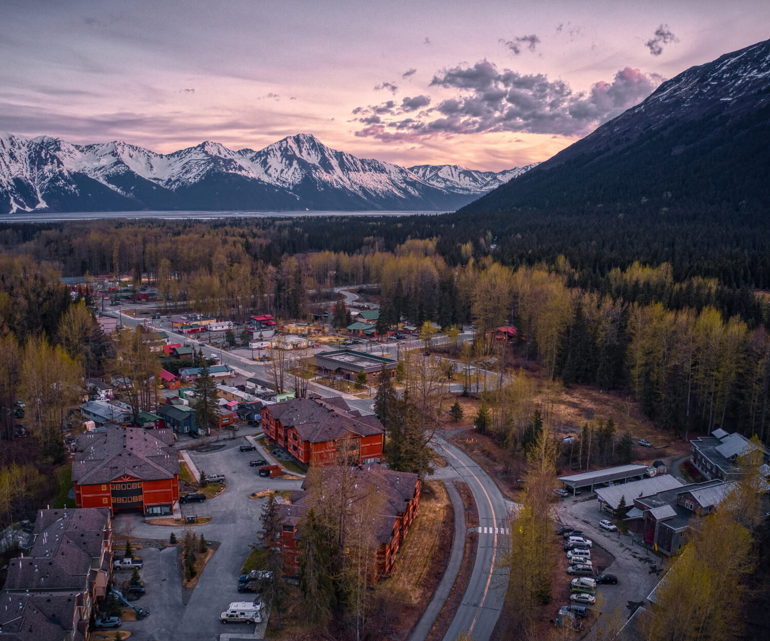 Aerial View of the Resort Town of Girdwood, Alaska at Sunset
